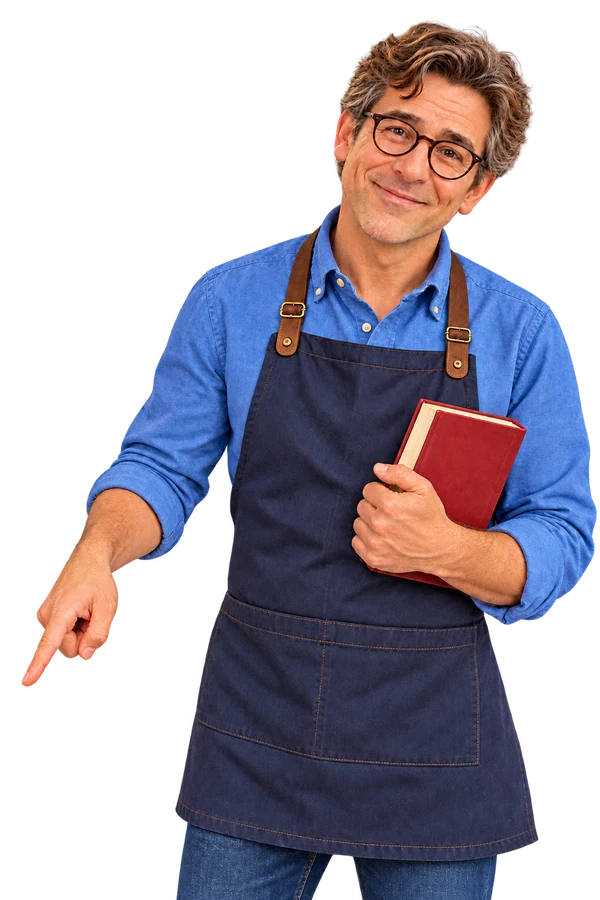 SAM houdt een boek vast en wijst naar beneden, richting de zoekfunctie