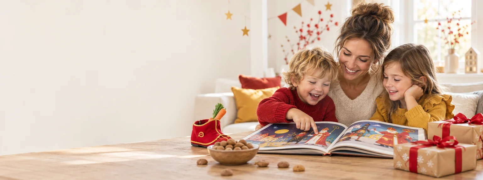 Een moeder en twee kinderen genieten samen van een prentenboek, met kleine Sinterklaascadeautjes op tafel
